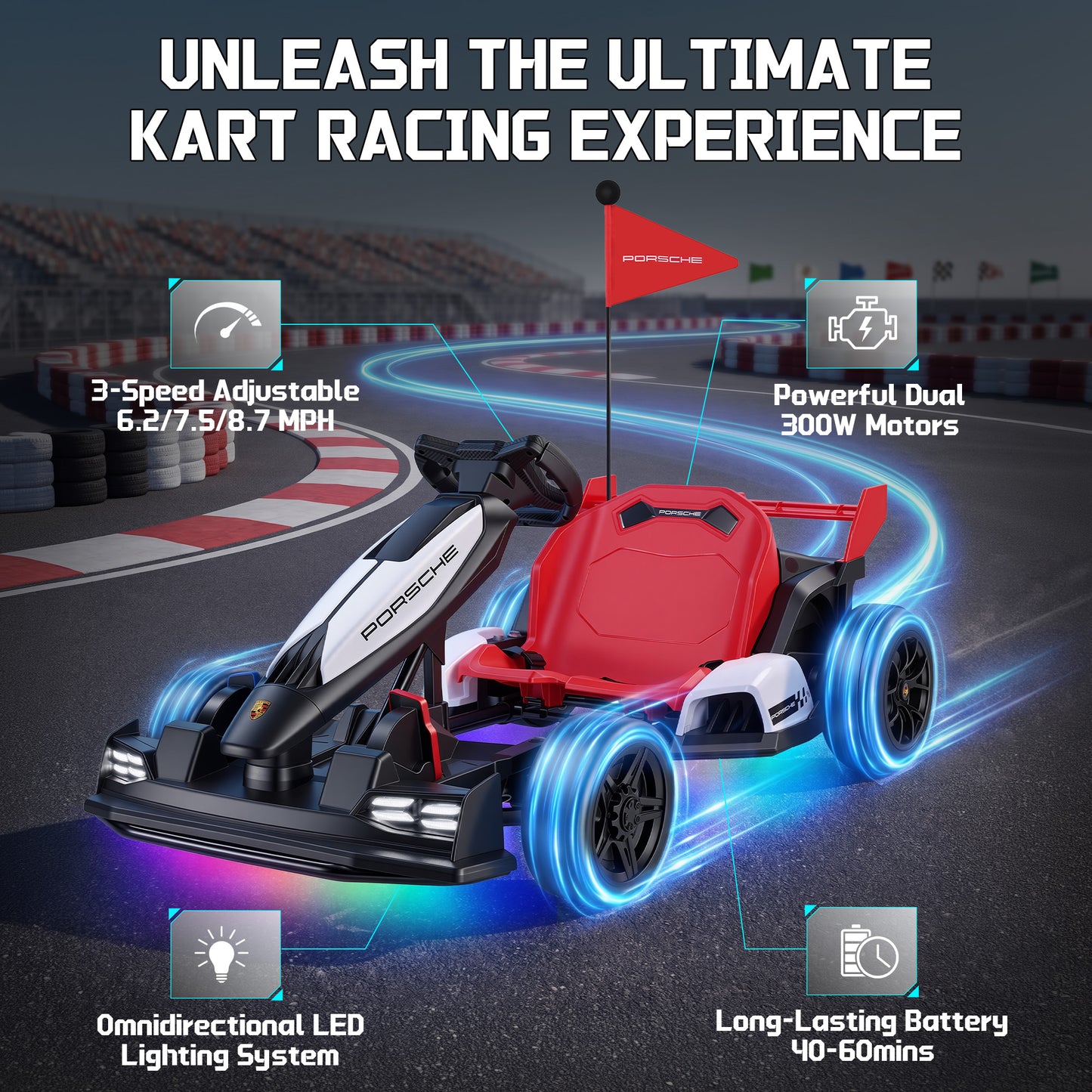 Porsche 36V Electric Go Kart for Kids Ages 6+, With Dual 300W Motors,3-Speed Drift,White