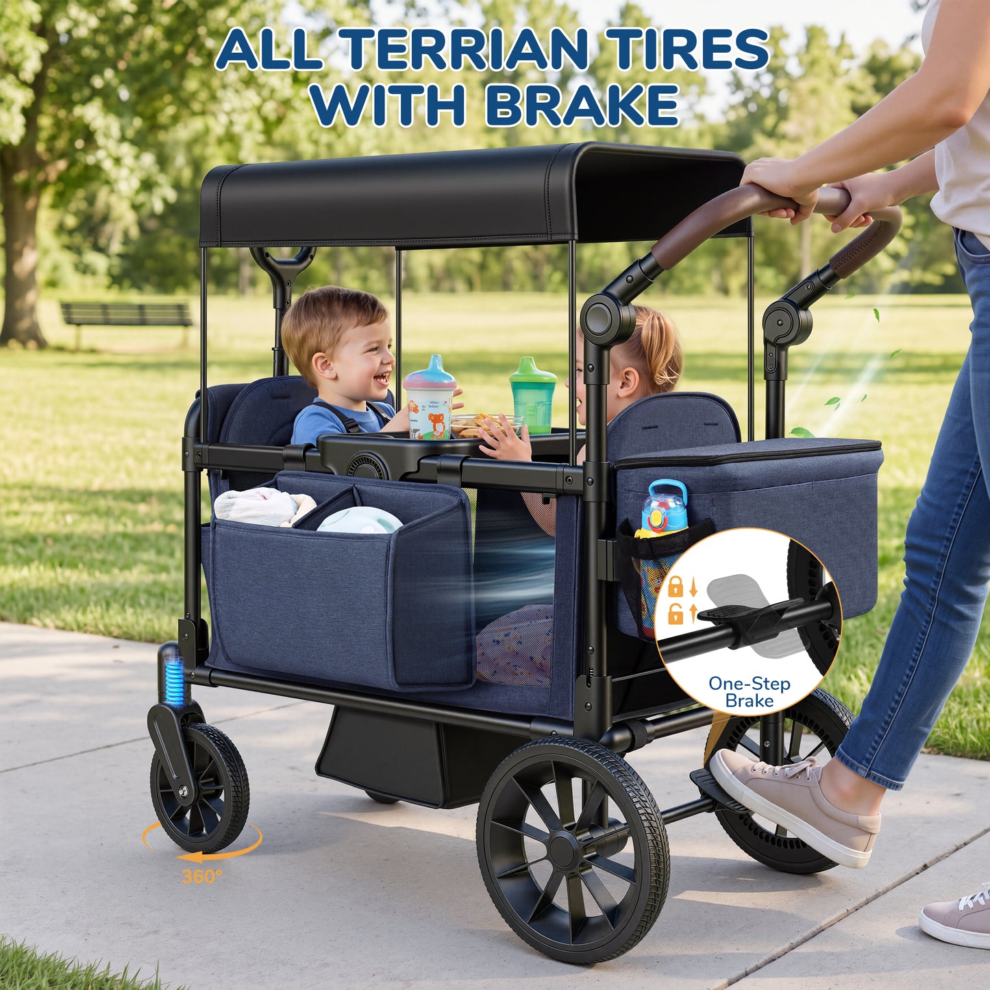 Vomeast Wagon Stroller with Tray,2-Seater Wagon for Kid,Side Entry,Grey