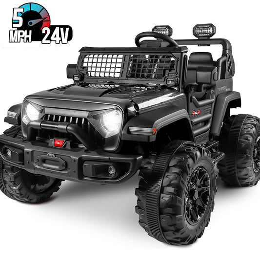 Wisairt 24V Kids Ride On Truck, 2 Seater Powered Ride On Car w/ Remote Control and Storage Space, 3 Speeds, Bluetooth, LED Lights (Black)