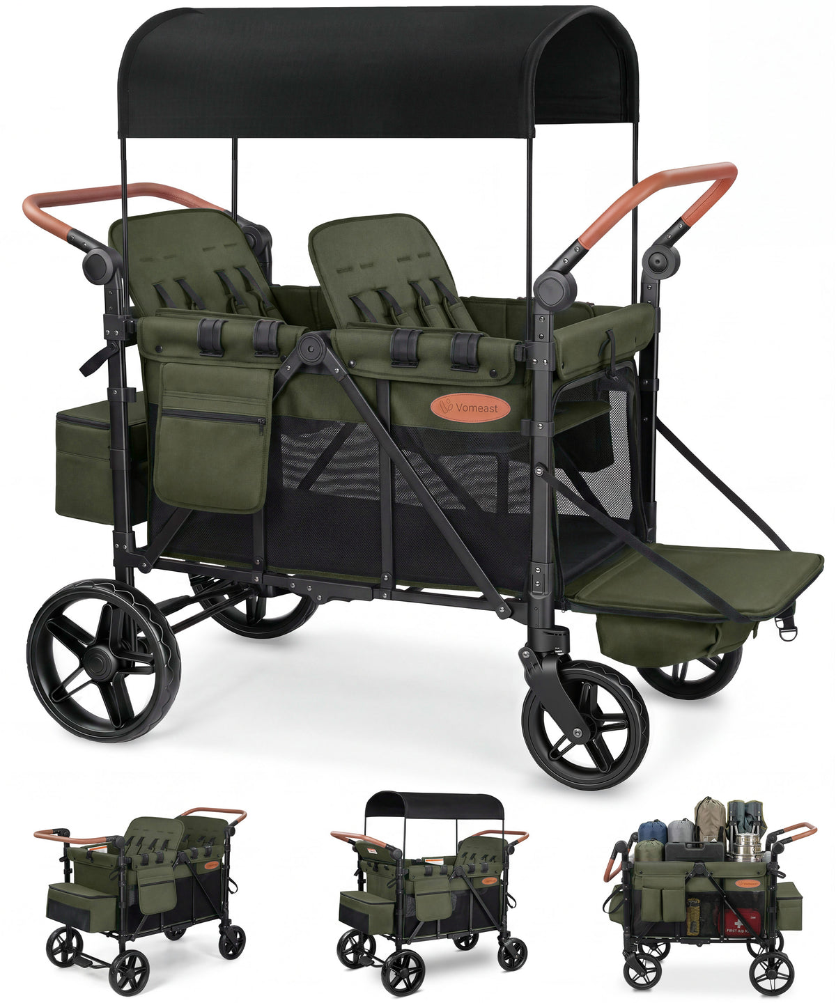 Vomeast Upgrade Wagon Stroller for 2 Kids, 2-Seater Outdoor Baby Stroller Wagon with Canopy, 5-Point Harness, Adjustable Handle(Black)