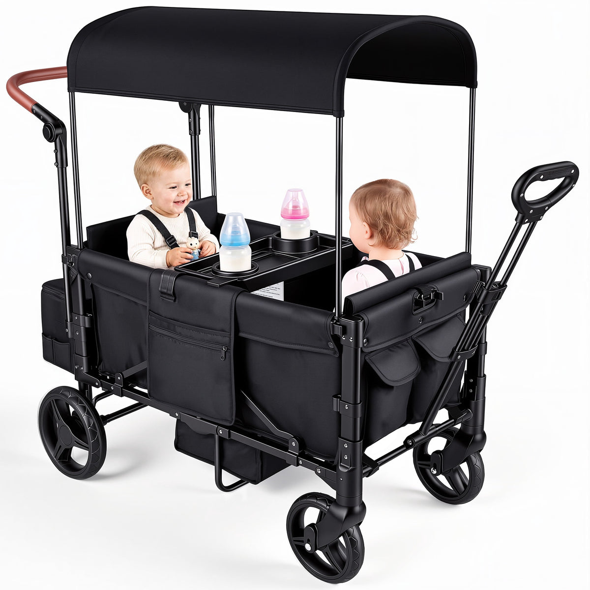2-Seater Wagon Stroller for Kids, Foldable Stroller Wagon with Canopy, 5-Point Harness, Push & Pull Handle