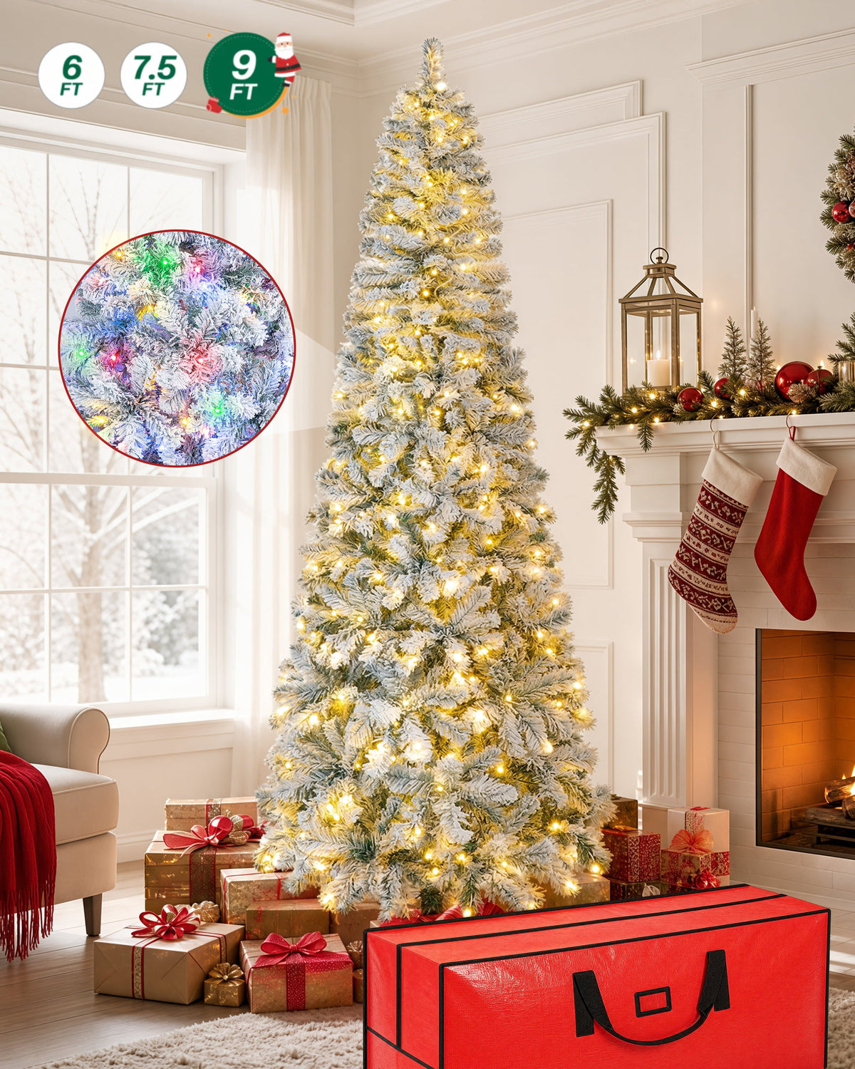 9FT Pre-Lit Flocked Pencil Christmas Tree, 976 Tips, 500 LED 11 Modes