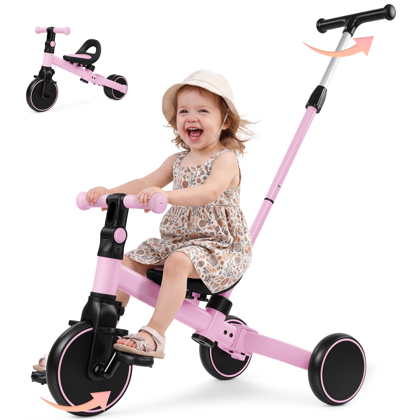 Wisairt 5-in-1 Toddler Tricycle with Push Handle for 1-3 Years, Toddler Bike, Kids Trike, Balance Bike with Adjustable Seat & Handlebar