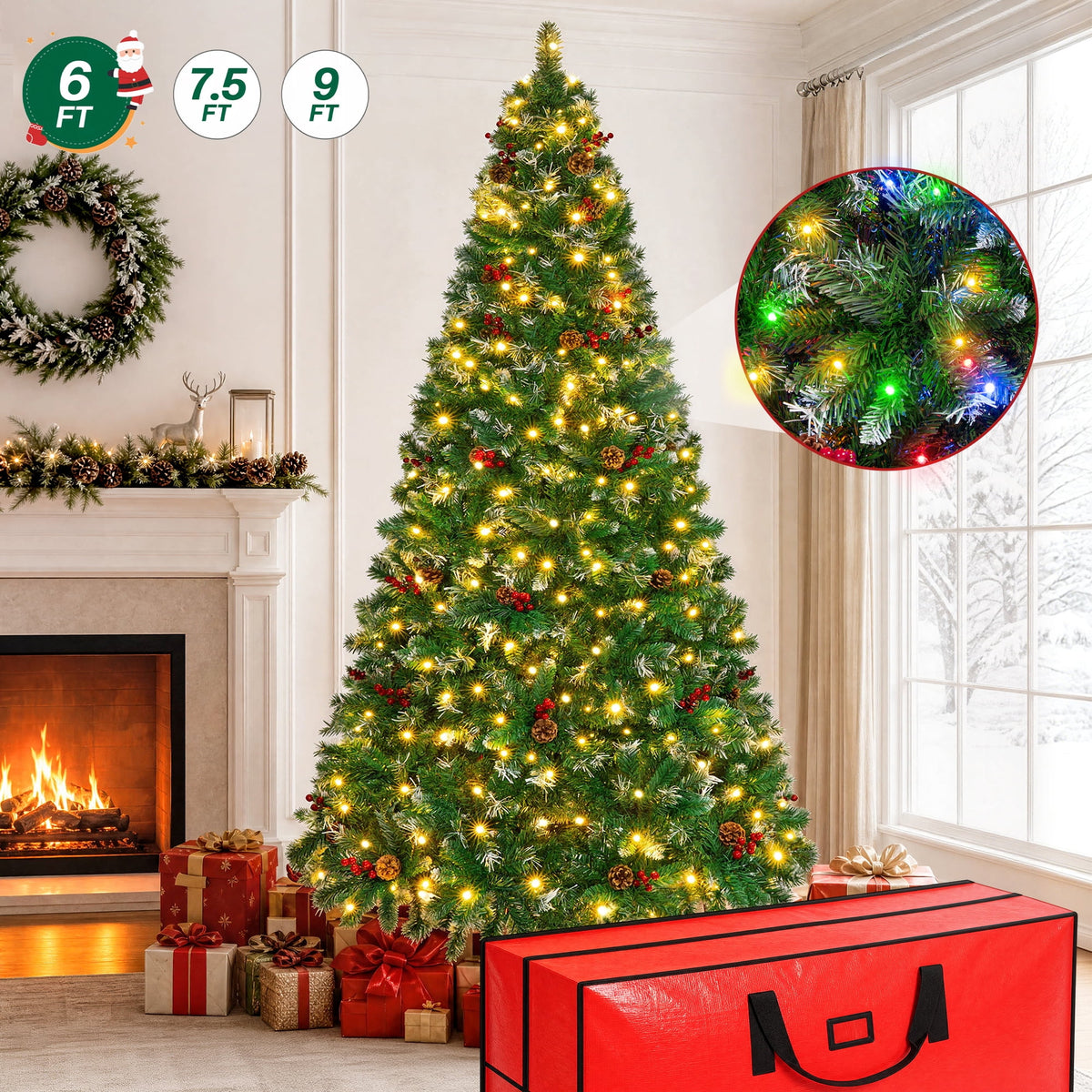 6FT Pre-Lit Artificial Christmas Tree, 825 Tips Snow-Tipped Pine, 250 LED lights with 11 Modes Adjustable