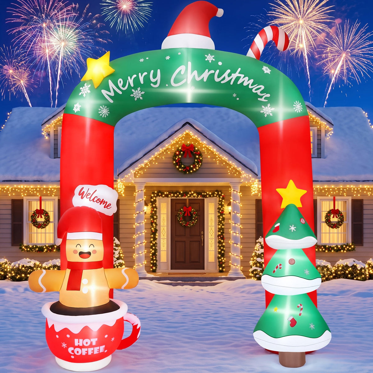 9FT Arched Giant Christmas Inflatable gingerbread man Outdoor Yard Decoration with Built-in LED lihgts,10s Fast Blow-up