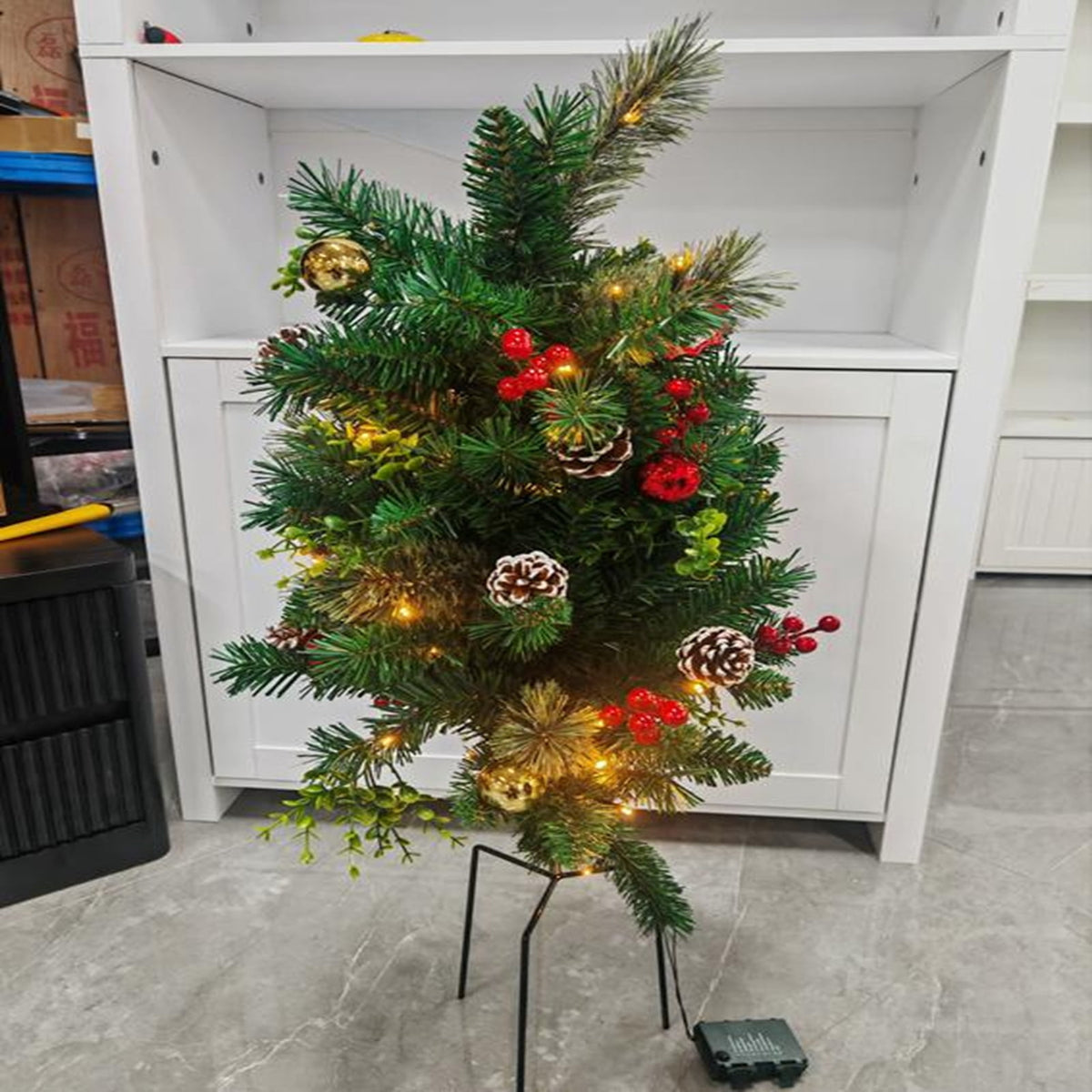 24" Outdoor Christmas Trees, 2-Pack Artificial Evergreen Trees with Pinecones, Berries & Ornaments