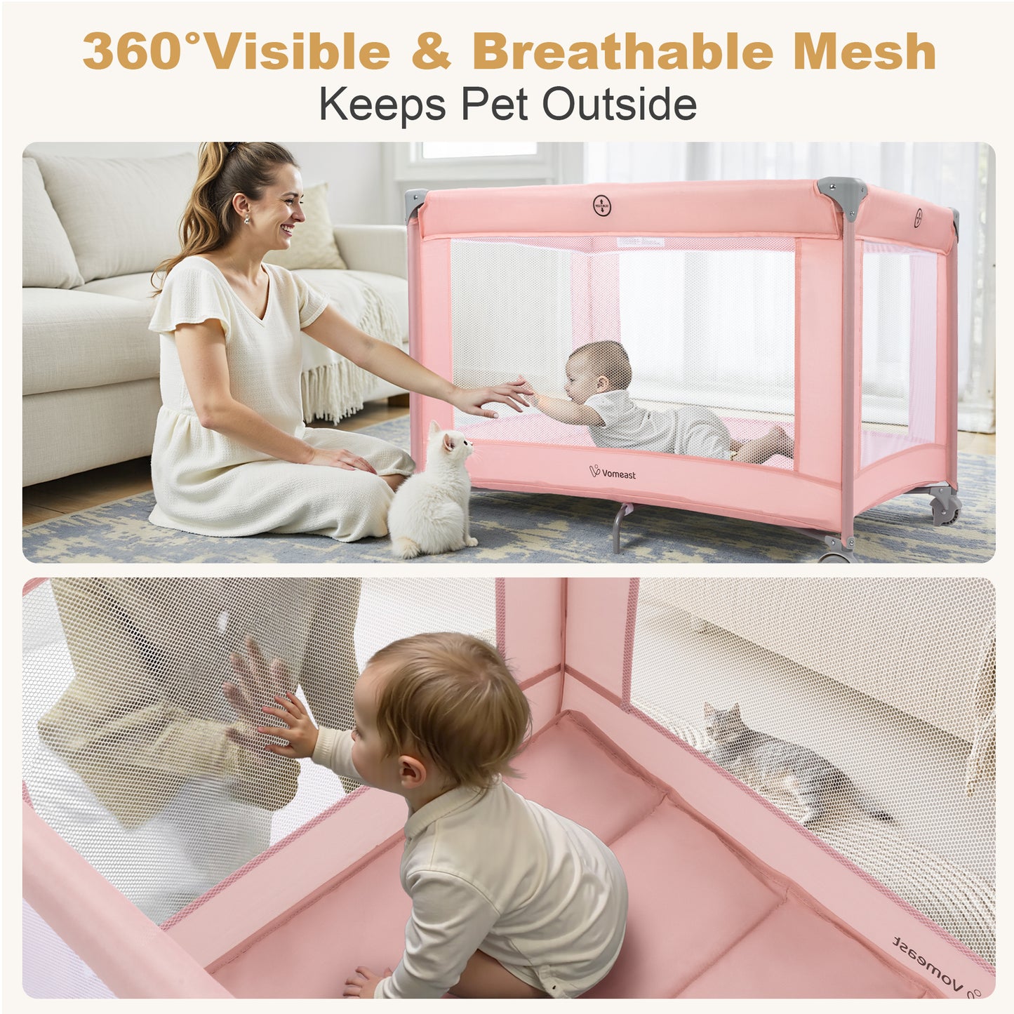 Vomeast Baby Playard Baby Bassinet with Toy Bar,Portable Crib Pack and Play,Play Yard,0-5 Months,Pink