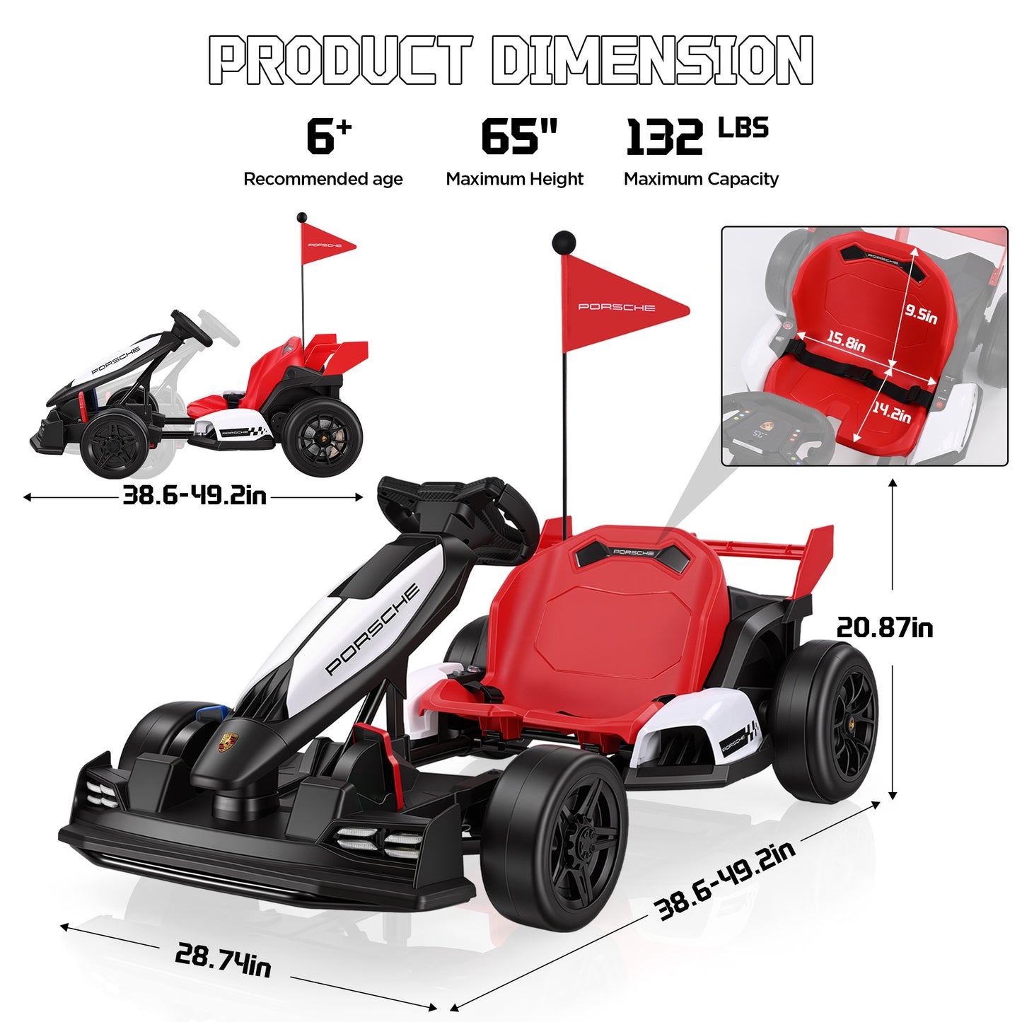 Porsche 36V Electric Go Kart for Kids Ages 6+, With Dual 300W Motors,3-Speed Drift,White