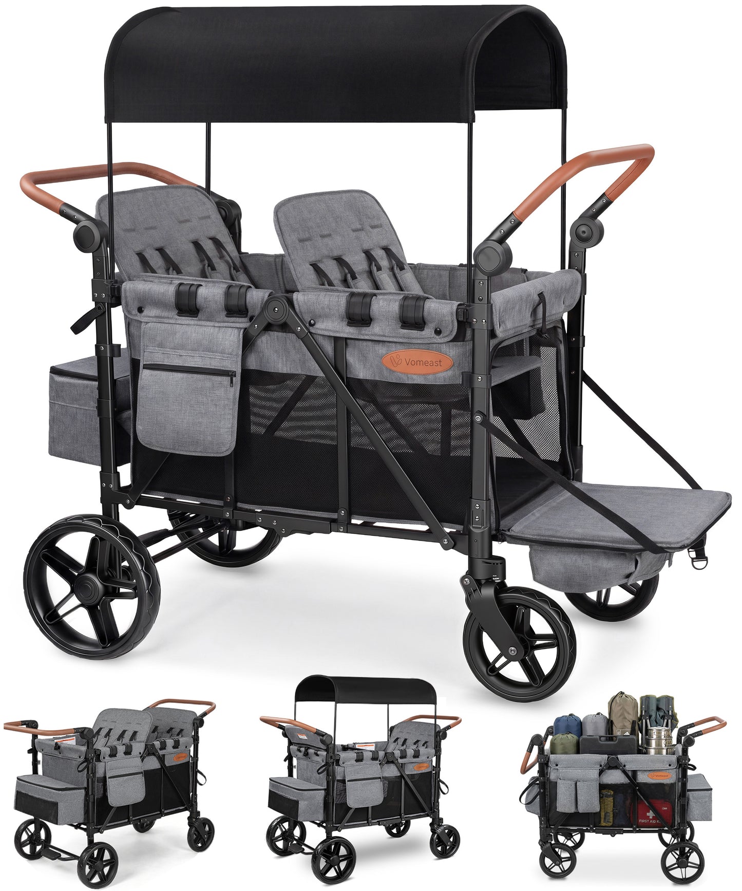 Vomeast Upgrade Wagon Stroller for 2 Kids, 2-Seater Outdoor Baby Stroller Wagon with Canopy, 5-Point Harness, Adjustable Handle(Black)