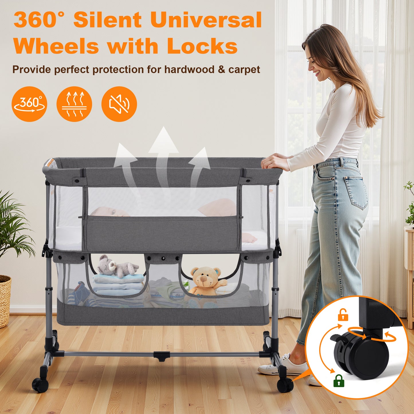 Vomeast Baby Bassinet Bedside Sleeper with Wheels, Adjustable Height, Storage Basket, Mosquito Net for Newborns Infants, Dark Gray