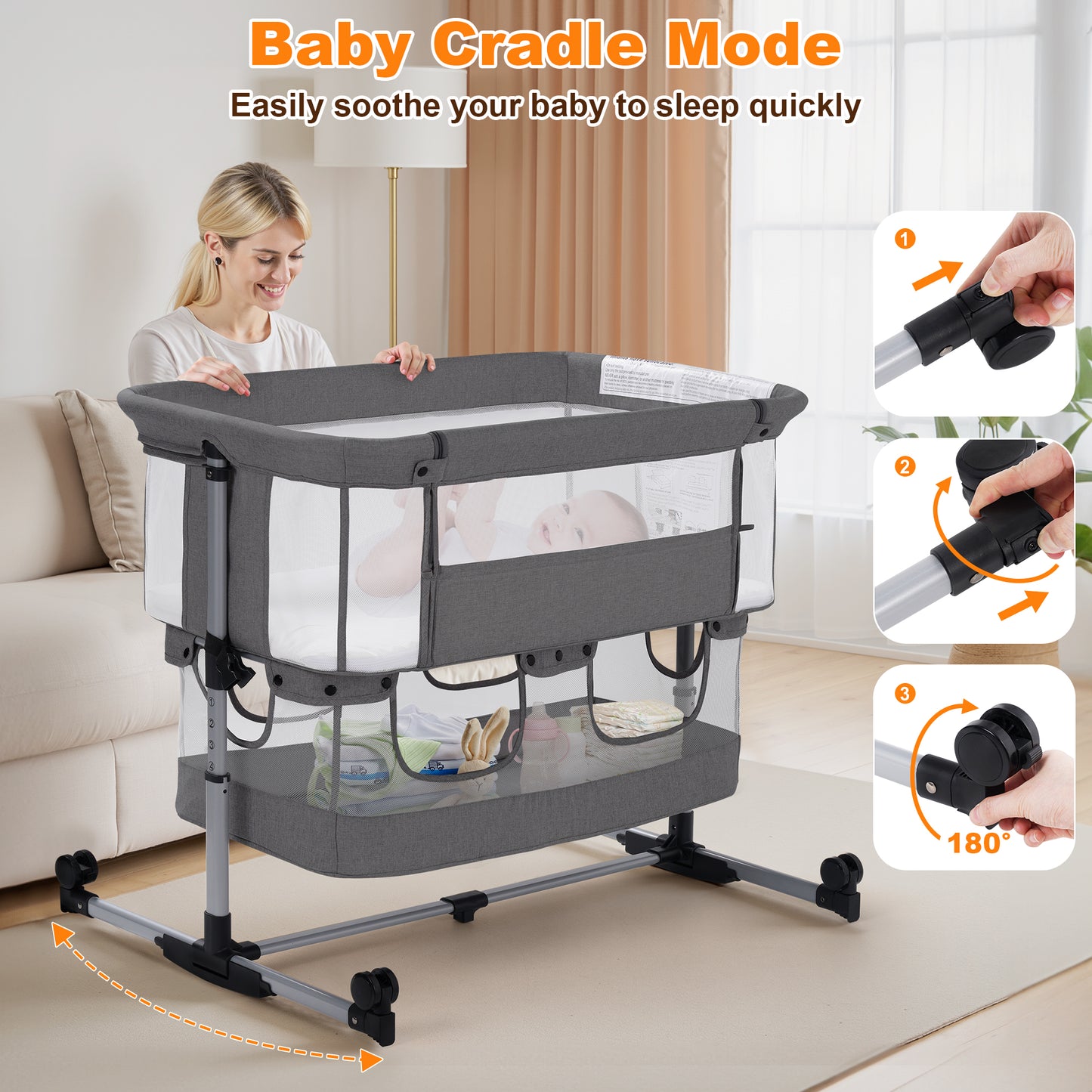 Vomeast Baby Bassinet Bedside Sleeper with Wheels, Adjustable Height, Storage Basket, Mosquito Net for Newborns Infants, Dark Gray