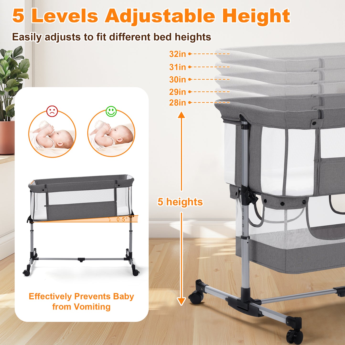Vomeast Baby Bassinet Bedside Sleeper with Wheels, Adjustable Height, Storage Basket, Mosquito Net for Newborns Infants, Dark Gray