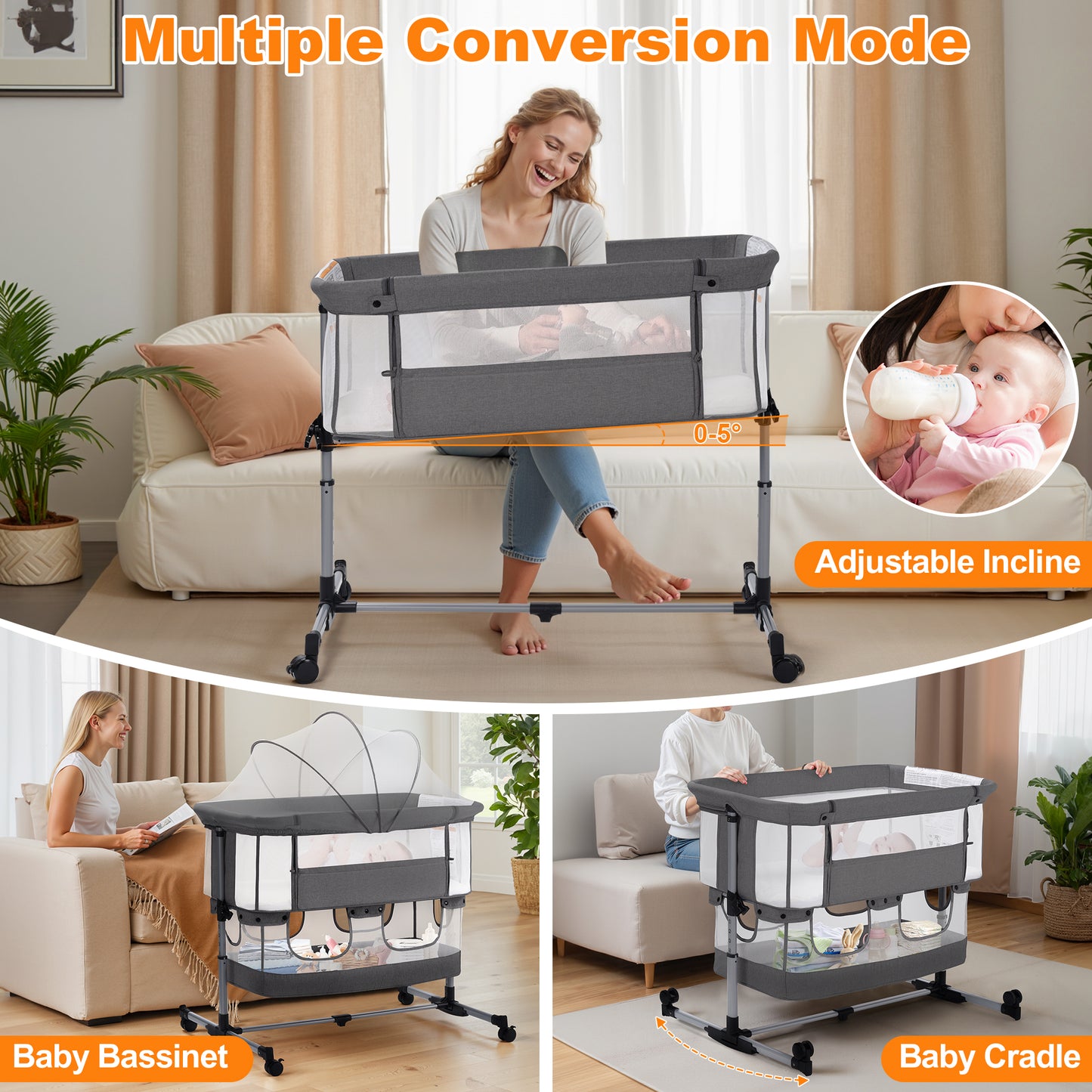 Vomeast Baby Bassinet Bedside Sleeper with Wheels, Adjustable Height, Storage Basket, Mosquito Net for Newborns Infants, Dark Gray