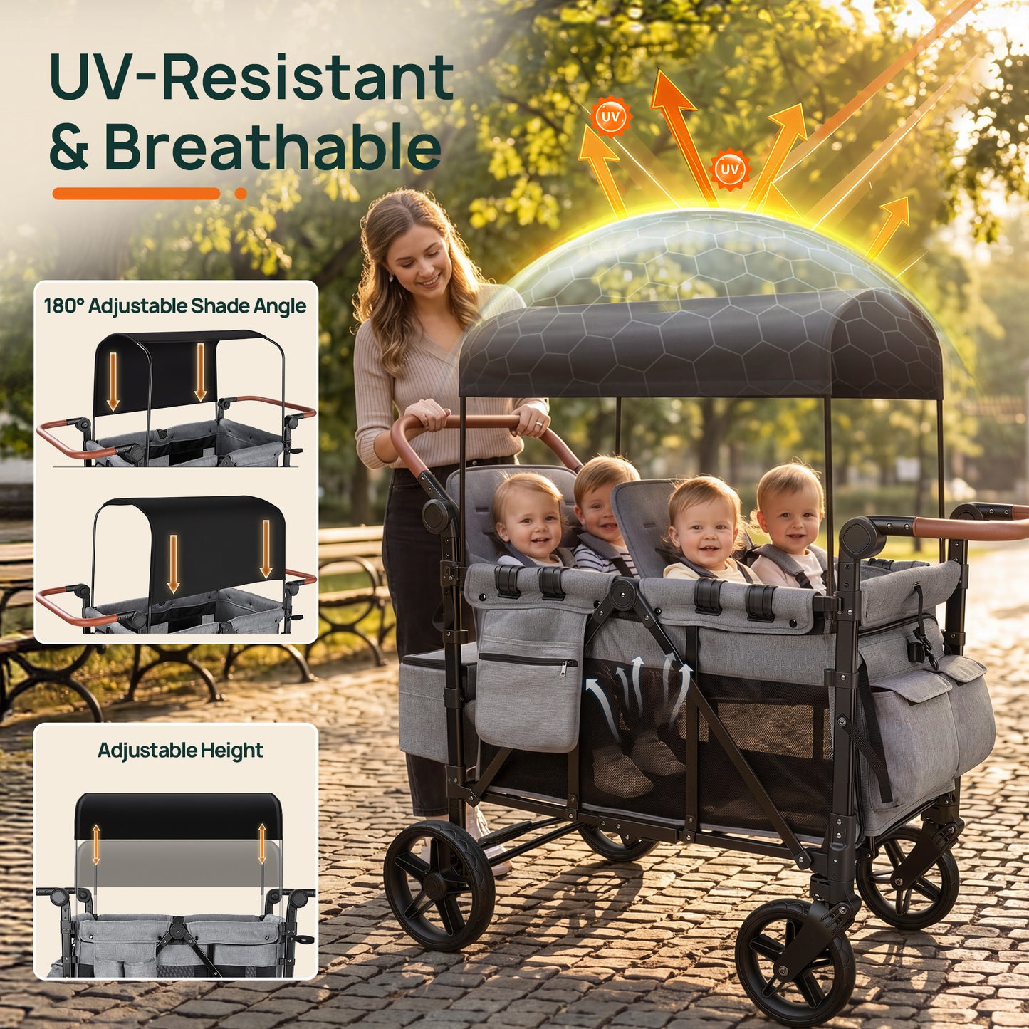 Vomeast 4-Seater Wagon Stroller, Outdoor Baby Stroller for 4 Kids, Stroller Wagon,Gray