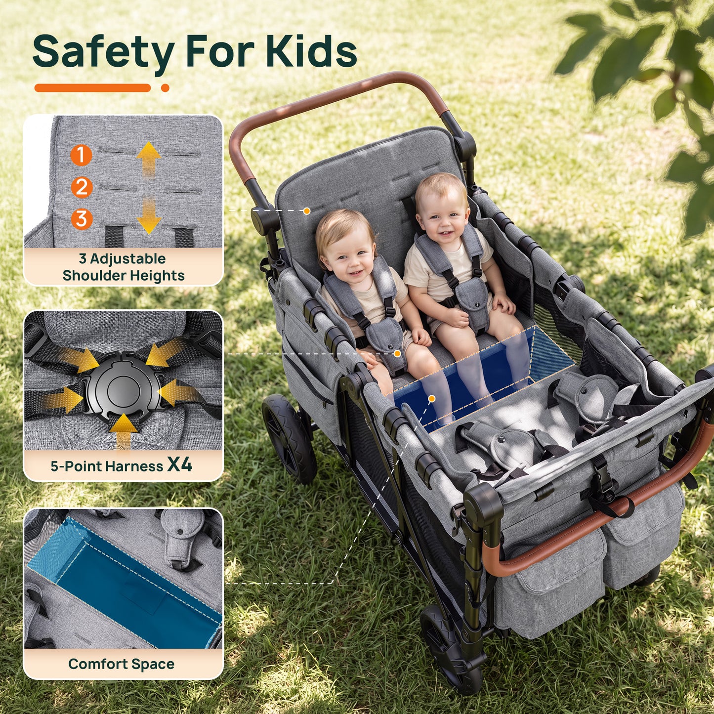 Vomeast 4-Seater Wagon Stroller, Outdoor Baby Stroller for 4 Kids, Stroller Wagon,Gray