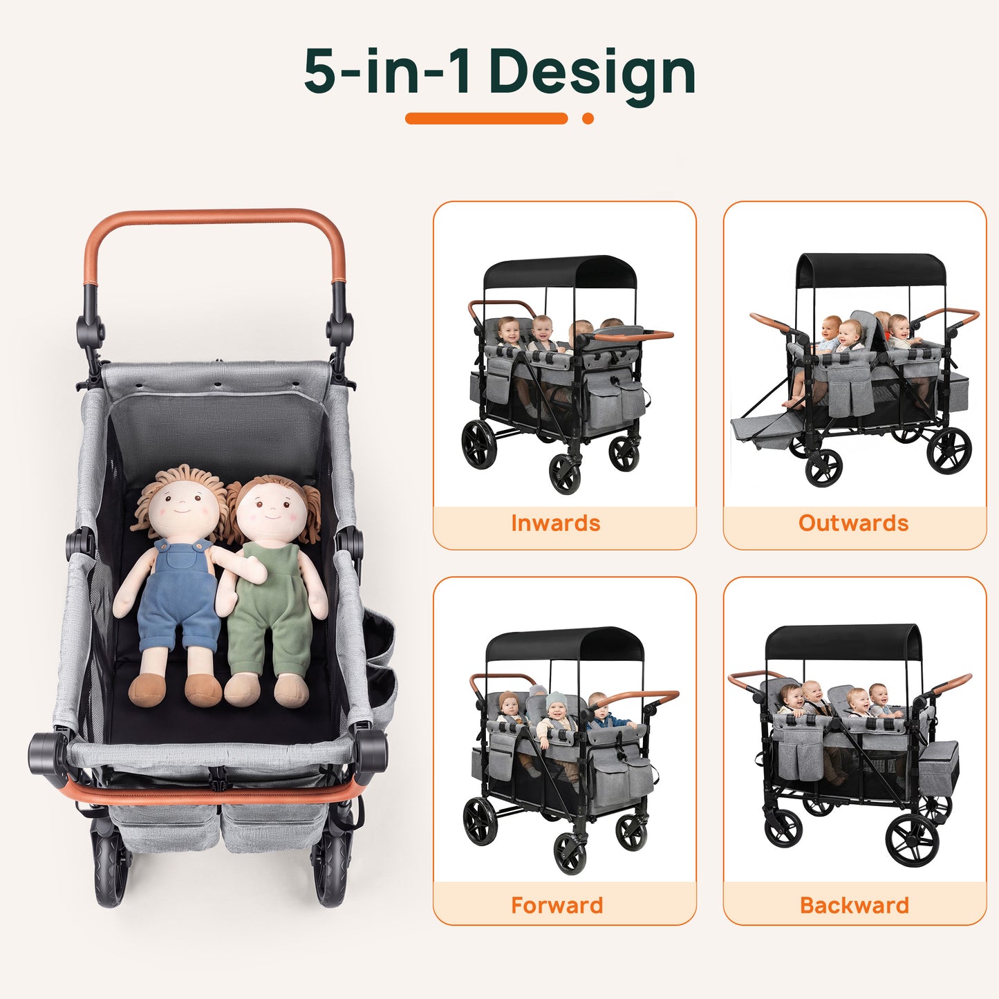 Vomeast 4-Seater Wagon Stroller, Outdoor Baby Stroller for 4 Kids, Stroller Wagon,Gray