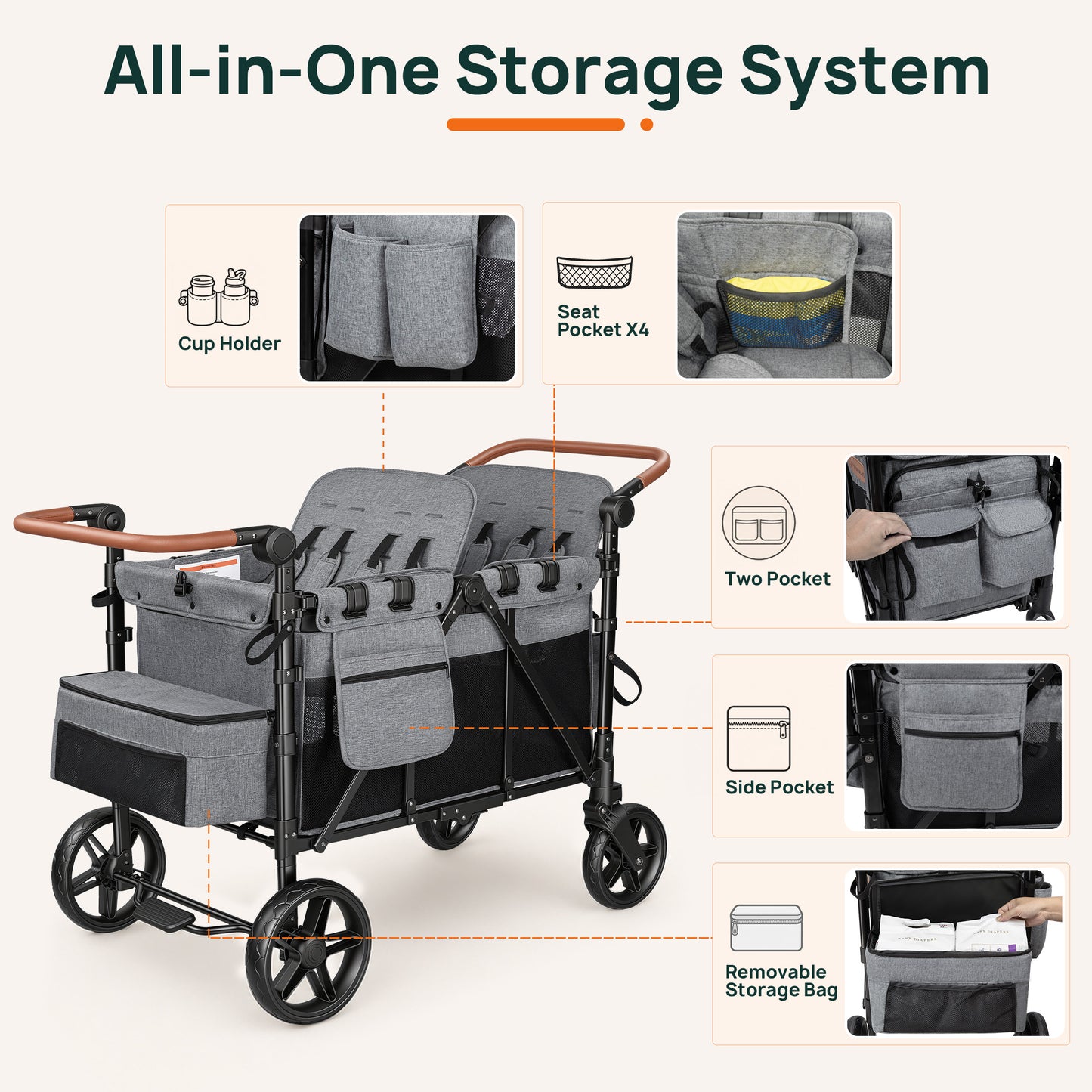 Vomeast 4-Seater Wagon Stroller, Outdoor Baby Stroller for 4 Kids, Stroller Wagon,Gray