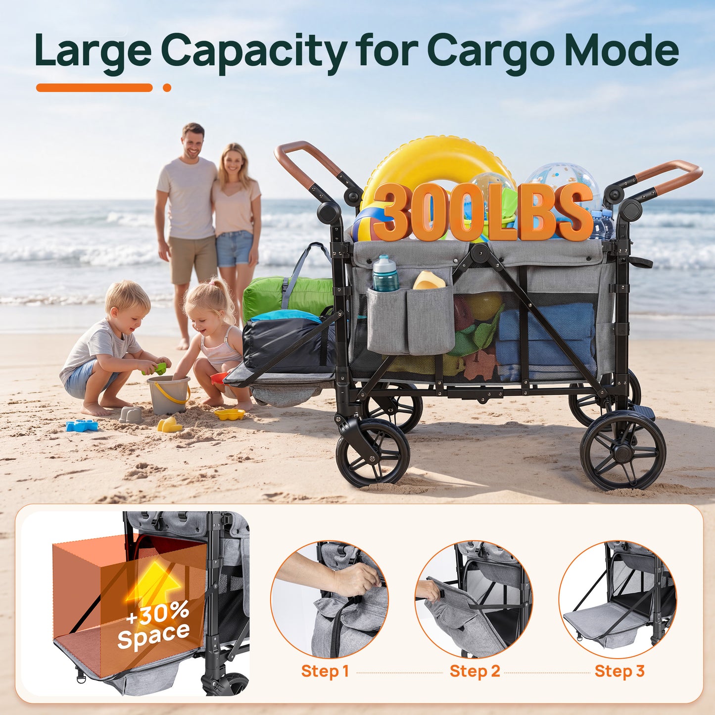 Vomeast 4-Seater Wagon Stroller, Outdoor Baby Stroller for 4 Kids, Stroller Wagon,Gray