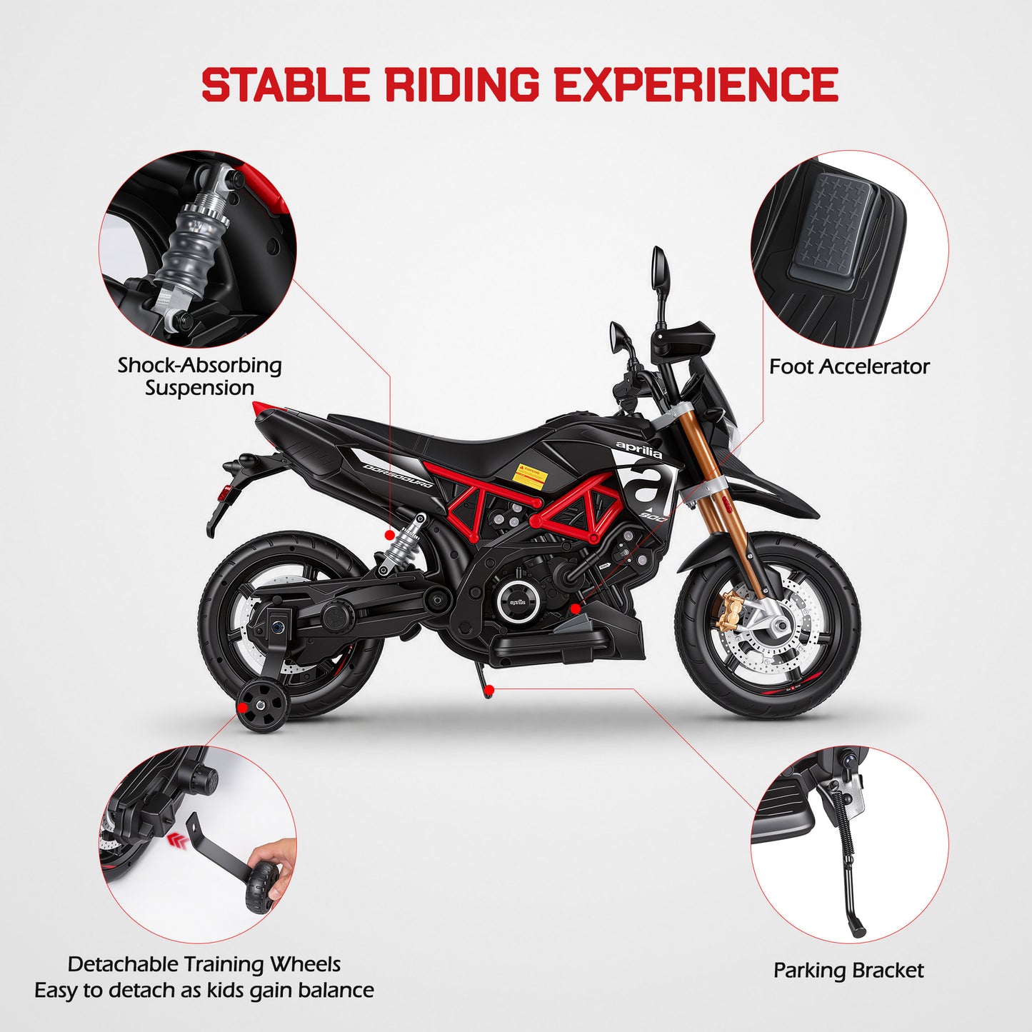 Licensed Aprilia Ride On Motorcycle for Kids, Wisairt 12V Electric Motorbike with Detachable Training Wheels, Key Start, LED Lights, Music, Spring Suspension, Toy Motorcycle for Boys Girls Ages 3-6