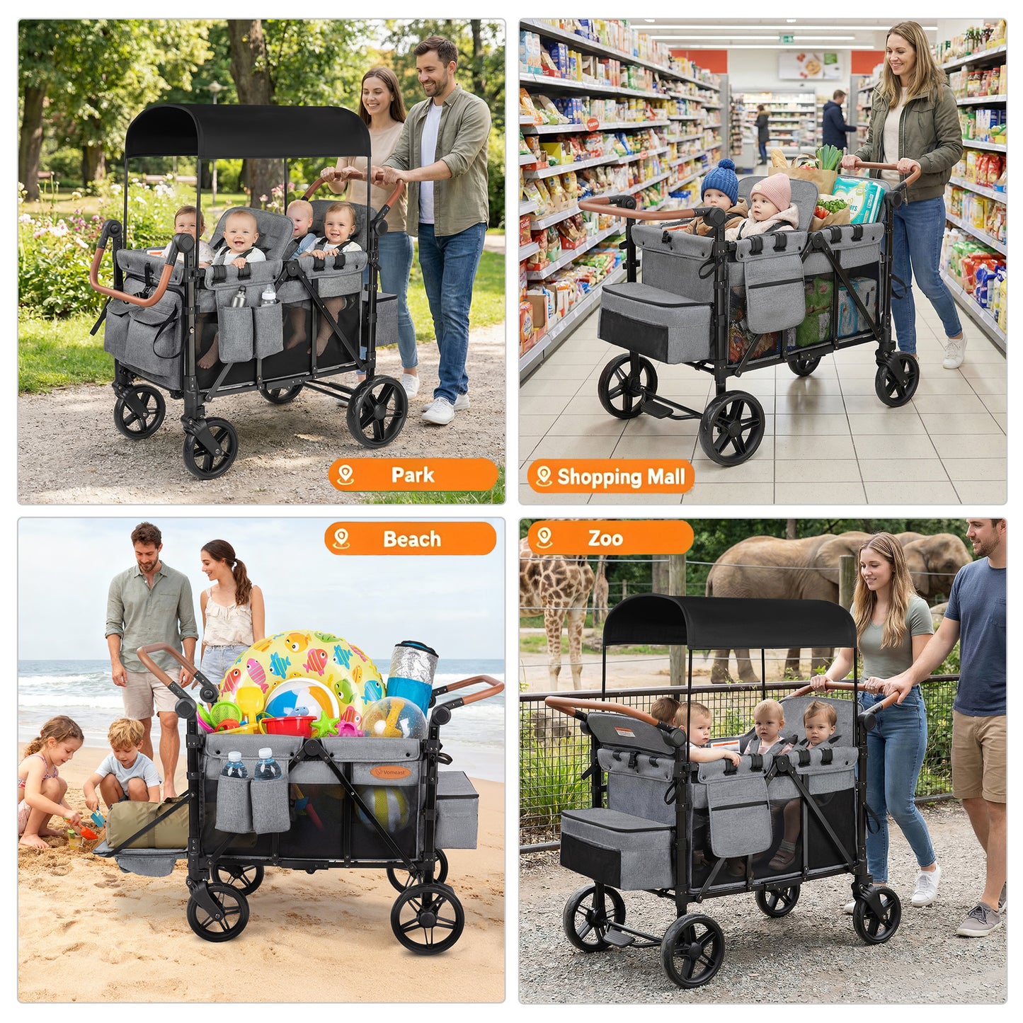 Vomeast 4-Seater Wagon Stroller, Outdoor Baby Stroller for 4 Kids, Stroller Wagon,Gray