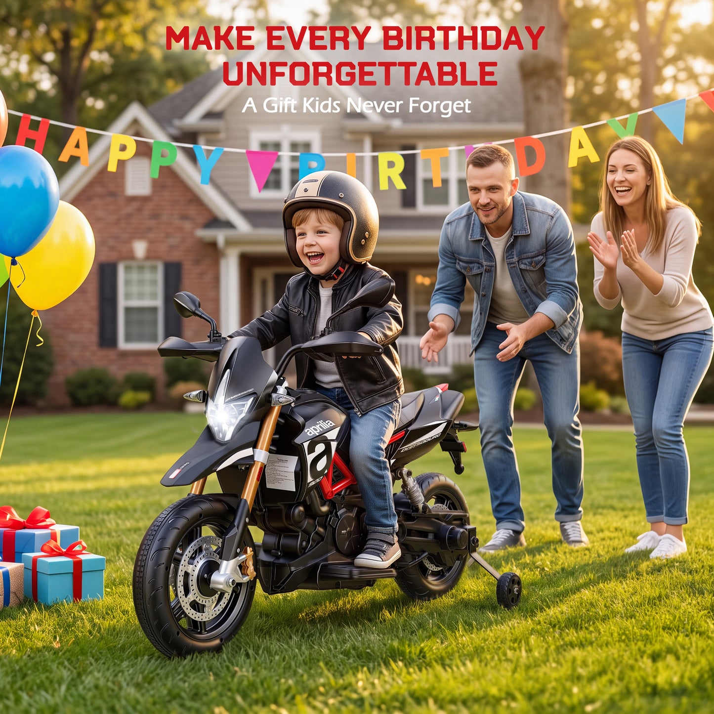 Licensed Aprilia Ride On Motorcycle for Kids, Wisairt 12V Electric Motorbike with Detachable Training Wheels, Key Start, LED Lights, Music, Spring Suspension, Toy Motorcycle for Boys Girls Ages 3-6