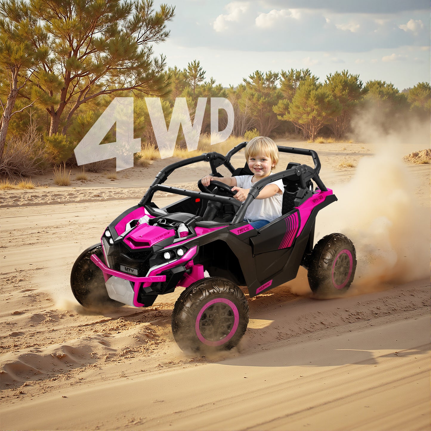 Wisairt 24V Ride on Toys 4WD Ride on Cars with Remote Control, 2 Seater Electric Car for Kids, Power Car Wheels, UTV w/ 4 Motors, Music, Lights, 3 Speeds, Pink
