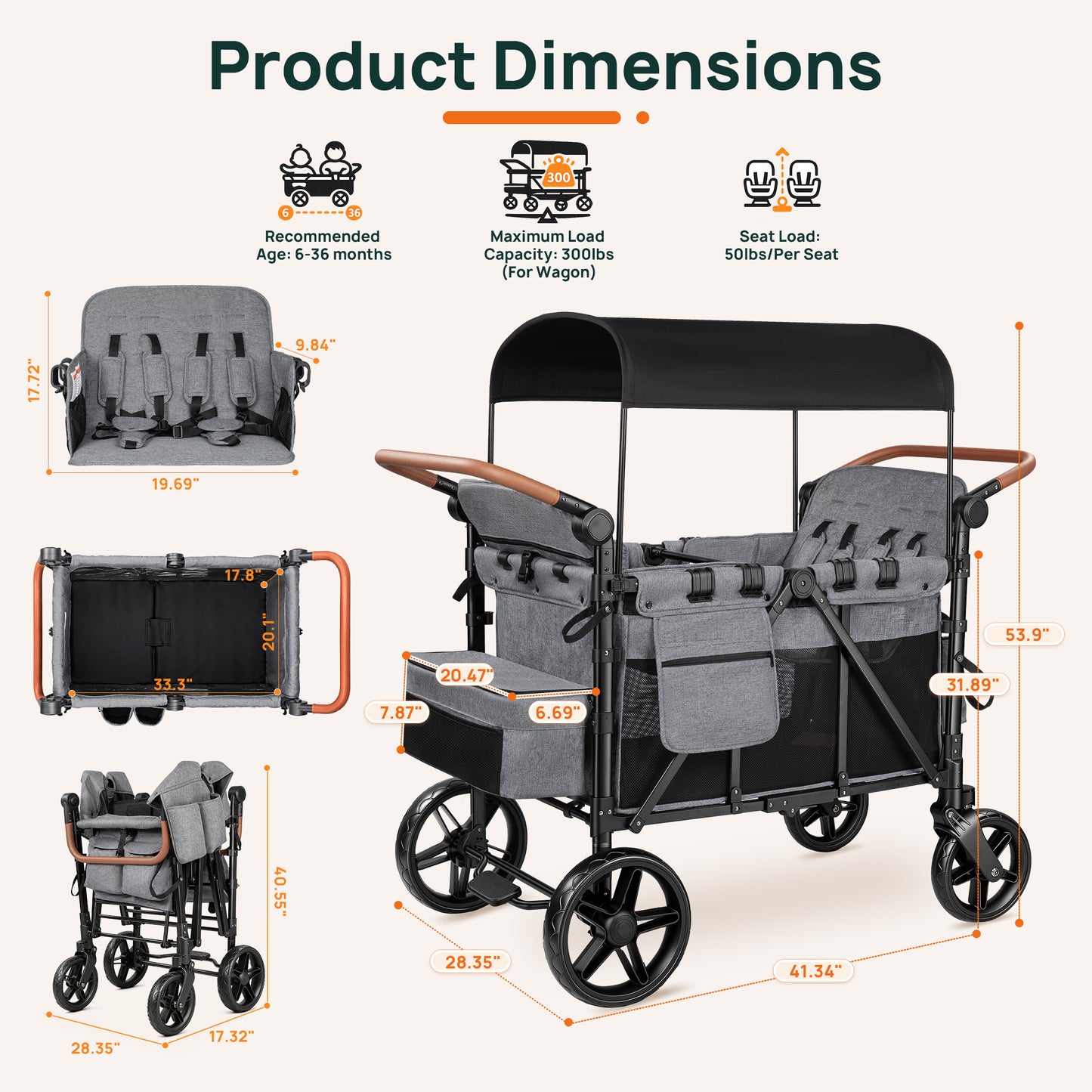 Vomeast 4-Seater Wagon Stroller, Outdoor Baby Stroller for 4 Kids, Stroller Wagon,Gray