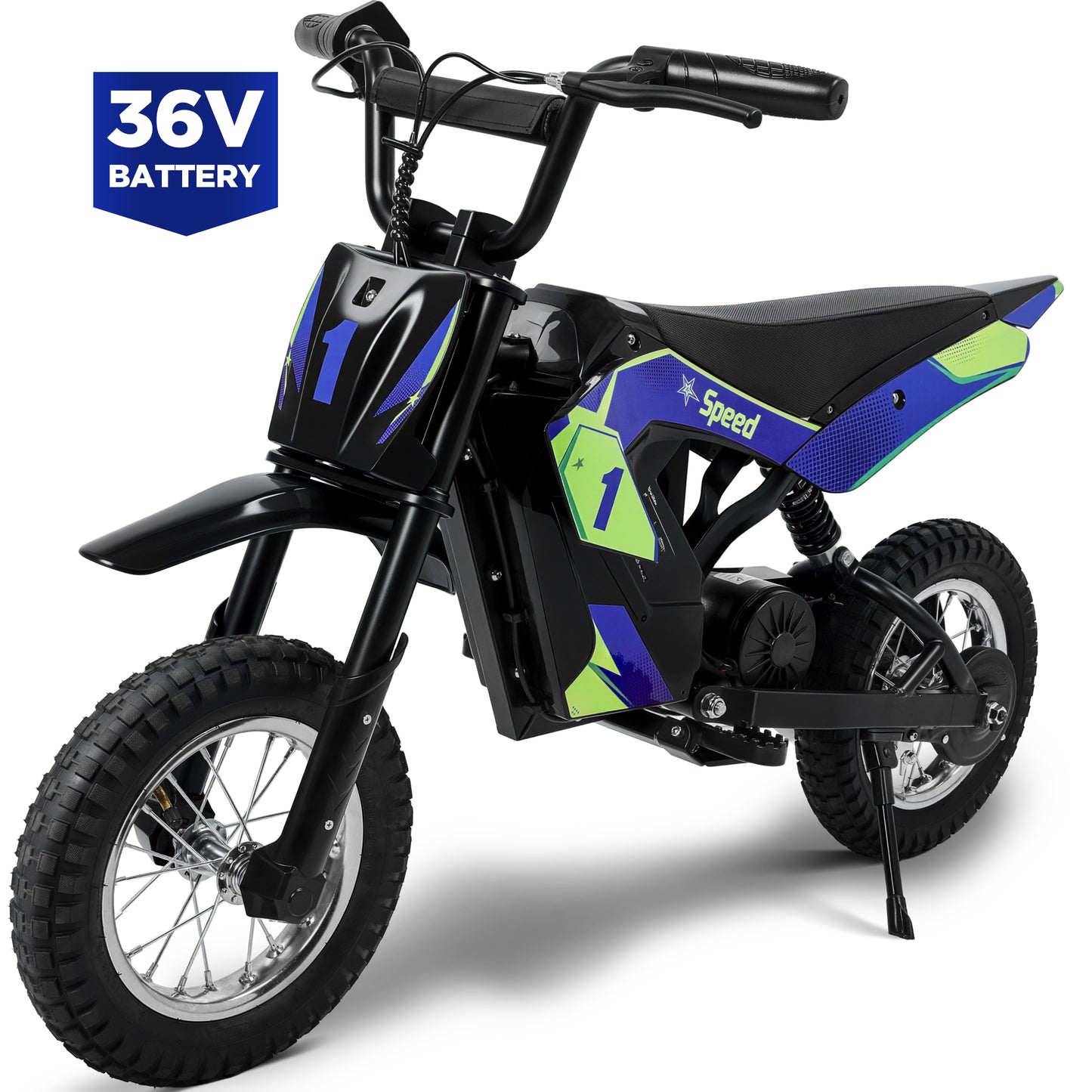 Wisairt 36V Kids Electric Dirt Bike, 15.5 MPH Electric Motorcycle Ride on Dirt Bike for Kids Aged 6-10, 133 lbs Max Load, 10-mile Range, 3 Speeds, Waterproof Seat, Twist Grip Throttle, Blue & Green