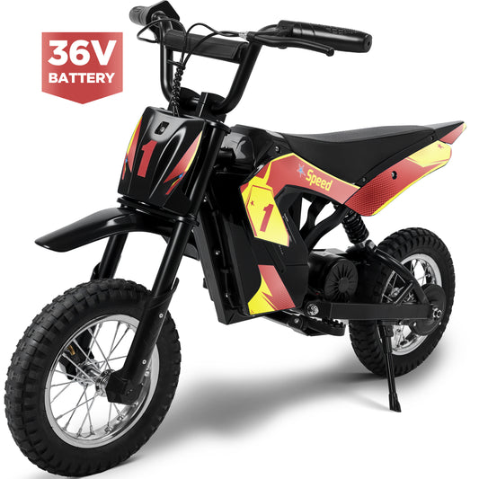 Wisairt 36V Kids Electric Dirt Bike, 15.5 MPH Electric Motorcycle Ride on Dirt Bike for Kids Aged 6-10, 133 lbs Max Load, 10-mile Range, 3 Speeds, Waterproof Seat, Twist Grip Throttle, Red & Gold