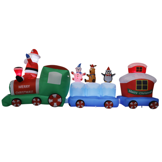 Vrilay 9ft Christmas Inflatable,Christmas Train Santa with Penguin Inflatable with LED Lights for Christmas Holiday Outdoor Yard Decorations