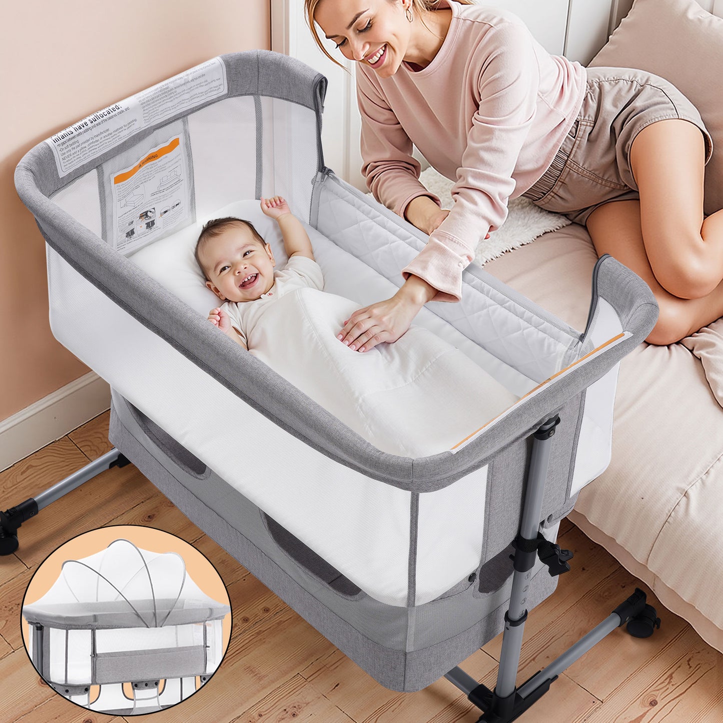 Vomeast Baby Bassinet Bedside Sleeper with Wheels, Adjustable Height, Storage Basket, Mosquito Net for Newborns Infants, Dark Gray