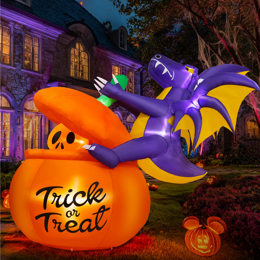 Vrilay 6FT Tall Halloween Inflatable, Blow up Pumpkin Dinosaur with LED Lights Lights Outdoor Yard Garden Party Decorations