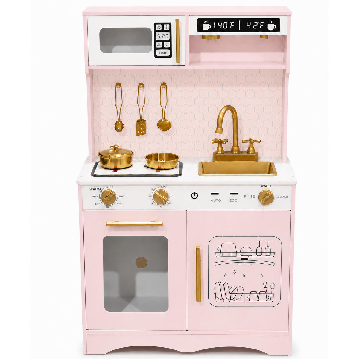Wisairt Wooden Play Kitchen Set, Pretened kids play kitchen with Oven, Microwave, Coffee Maker for Boys Girls Age 3-8, Pink