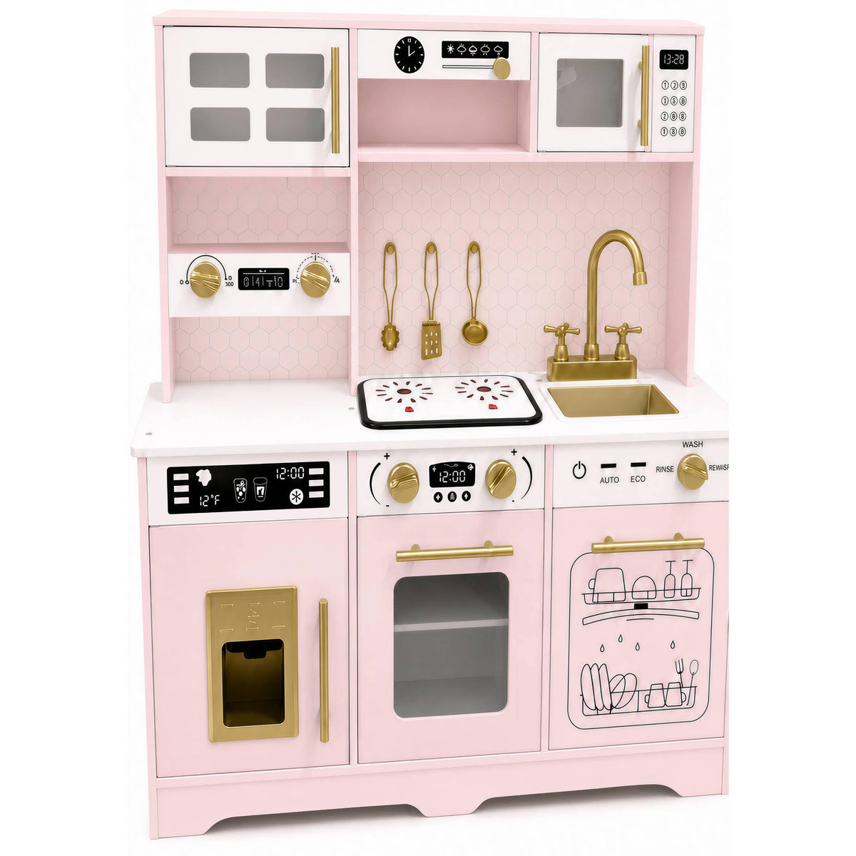 Wisairt Wooden Play Kitchen Set, Pretened Kitchen for Kids with Oven, Microwave, Coffee Maker for Boys Girls Age 3-8, Pink