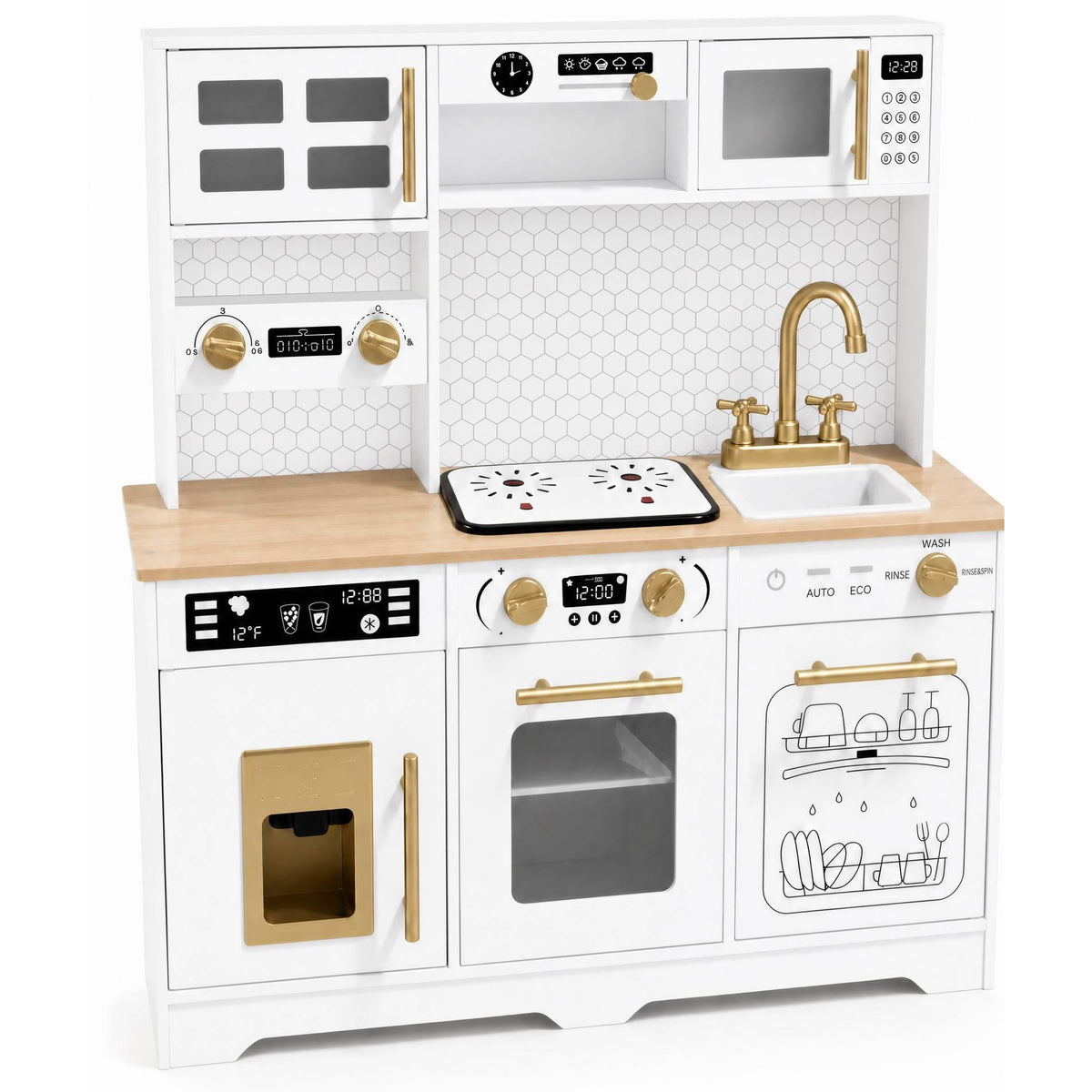 Wisairt Wooden Play Kitchen Set, Pretened Kitchen for Kids with Oven, Microwave, Coffee Maker for Boys Girls Age 3-8, White