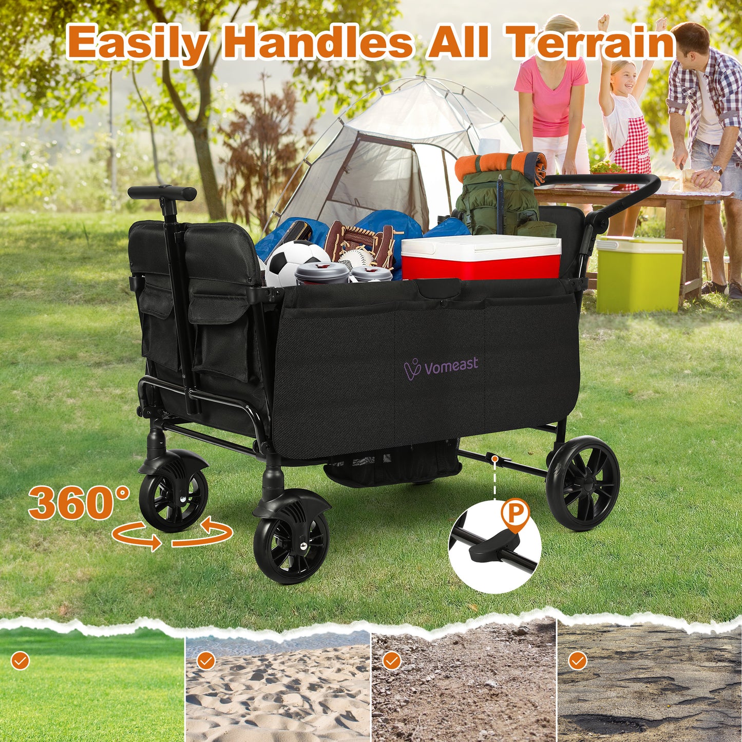 Vomeast Wagon Stroller for Kids,Spacious 2-Seater Stroller Wagon with Adjustable Canopy,Pull & Push Handle,5-Point Harness,Foldable for Toddlers, Black