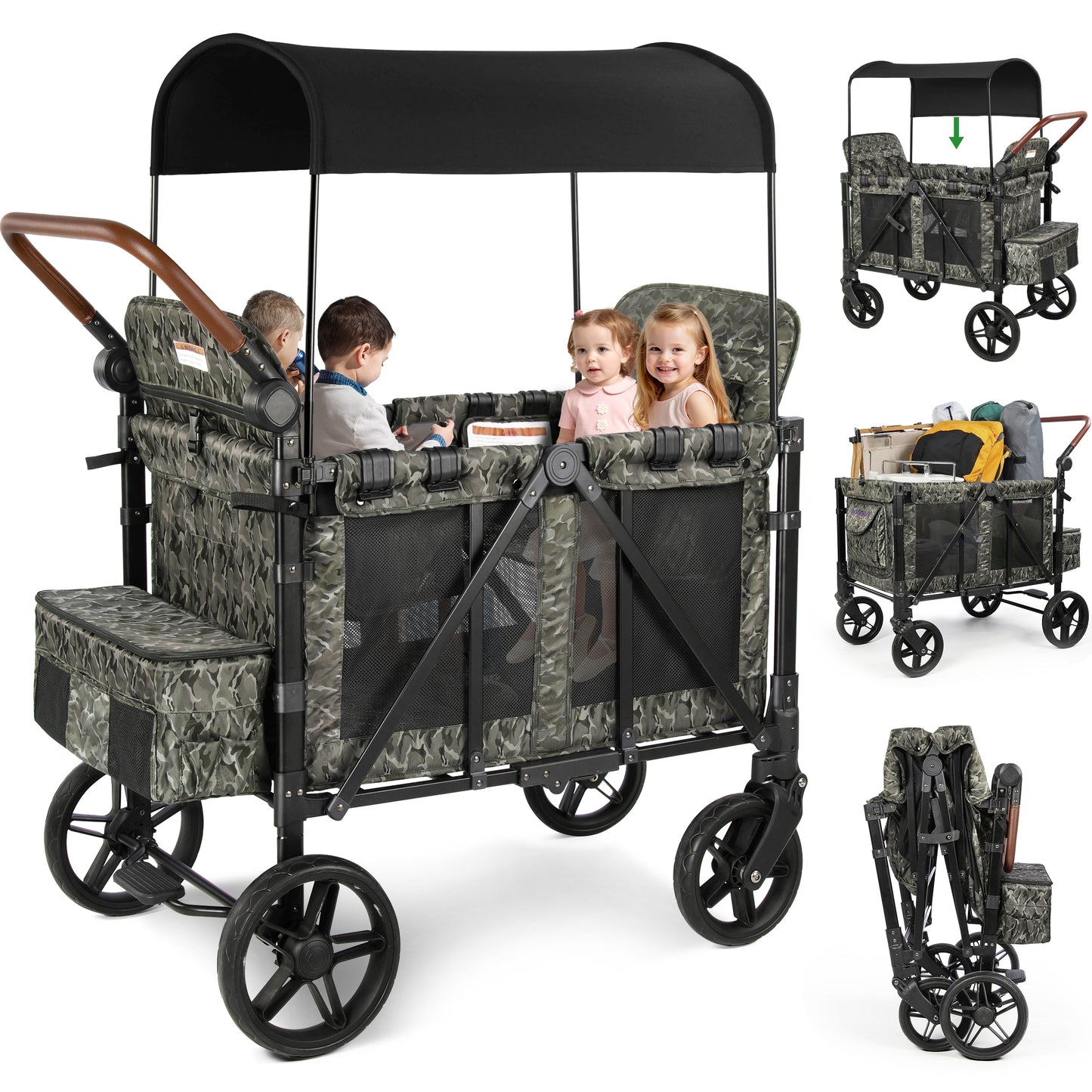 Vomeast Wagon Stroller for 2/4 Kids, 3-in-1 Wagon Stroller with Canopy, 5-Point Harness, Adjustable Handlebars, Removable Seat for Toddlers