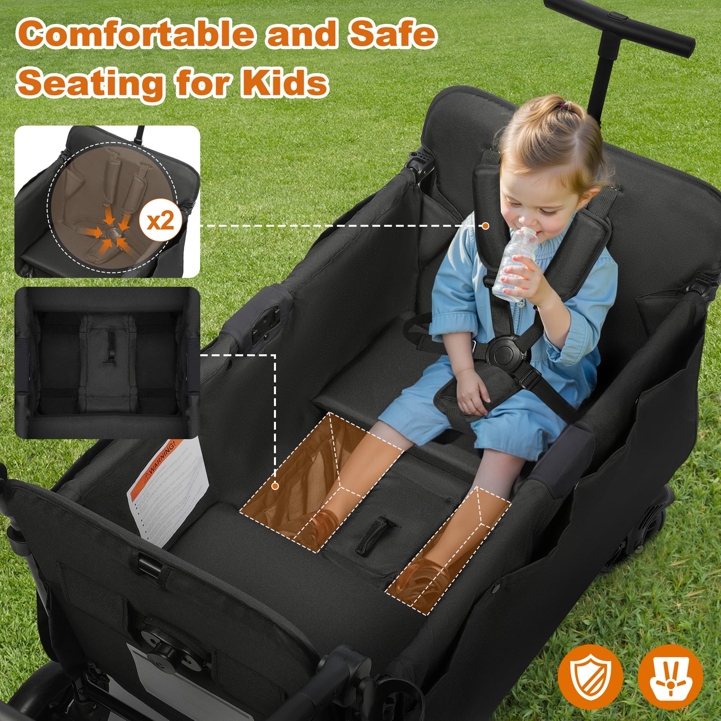 Vomeast Wagon Stroller for Kids,Spacious 2-Seater Stroller Wagon with Adjustable Canopy,Pull & Push Handle,5-Point Harness,Foldable for Toddlers, Black
