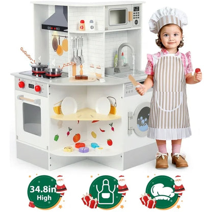 Wisairt Pretend Play Kitchen Set, 51.2" Extra Long Wooden Play Kitchen for Kids w/ Chef's Costume, Stove, Sink, Ice Maker, Oven, Microwave, Dishwasher, Realistic Lights Sounds