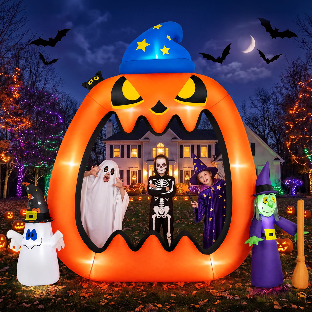 8.2ft Halloween Inflatable Pumpkin Photo Door with Ghost & Witch ¨C LED Outdoor