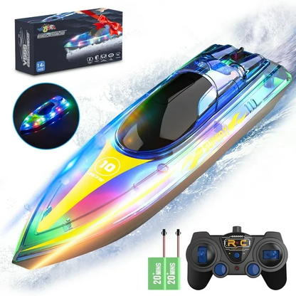 Wisairt 15Km/h Remote Control Boat with LED Lights for Pools/Lakes, 2.4GHz High Speed RC Boat with 2 Rechargeable Batteries, Perfect Summer Water Toys for Ages 10+