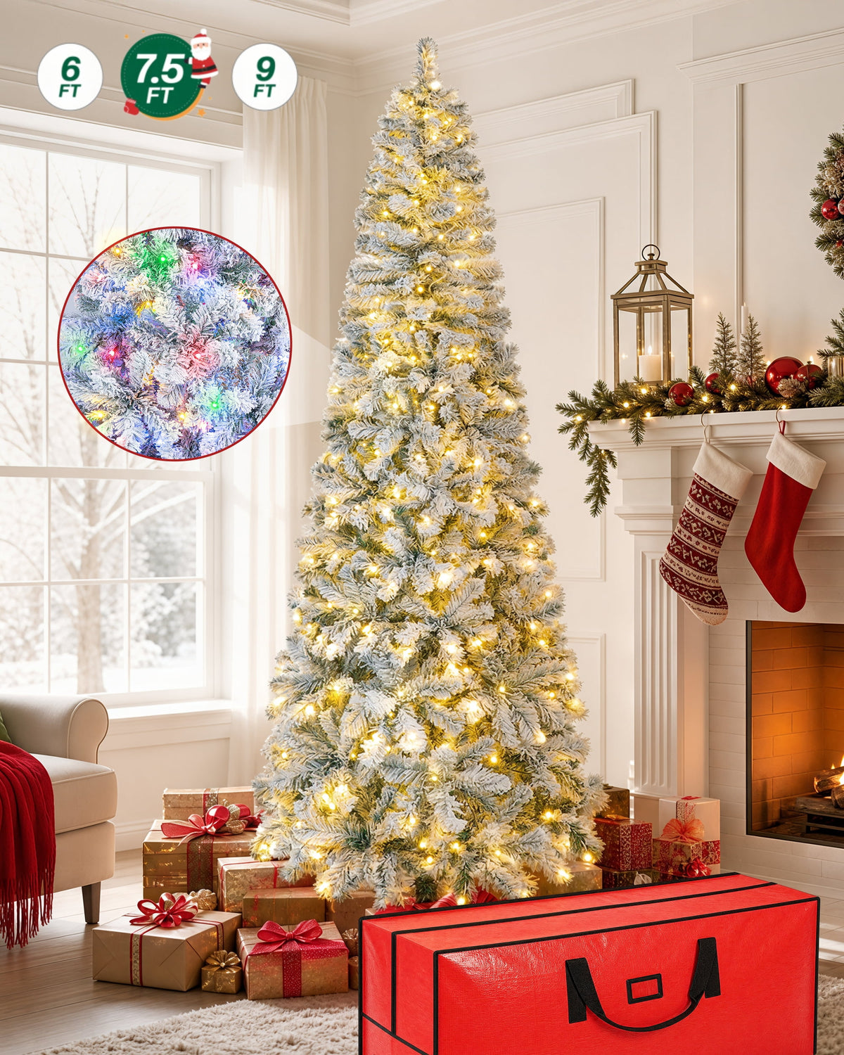 7.5FT Pre-Lit Flocked Pencil Christmas Tree, 682 Tips, 300 LED 11 Modes