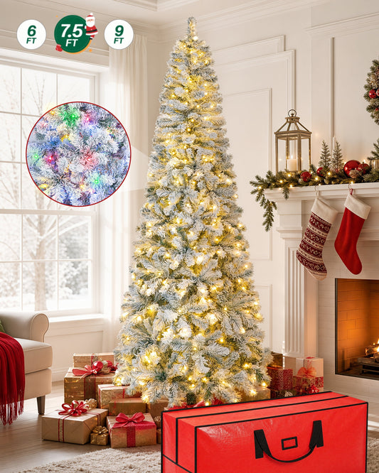 7.5FT Pre-Lit Flocked Pencil Christmas Tree, 682 Tips, 300 LED 11 Modes