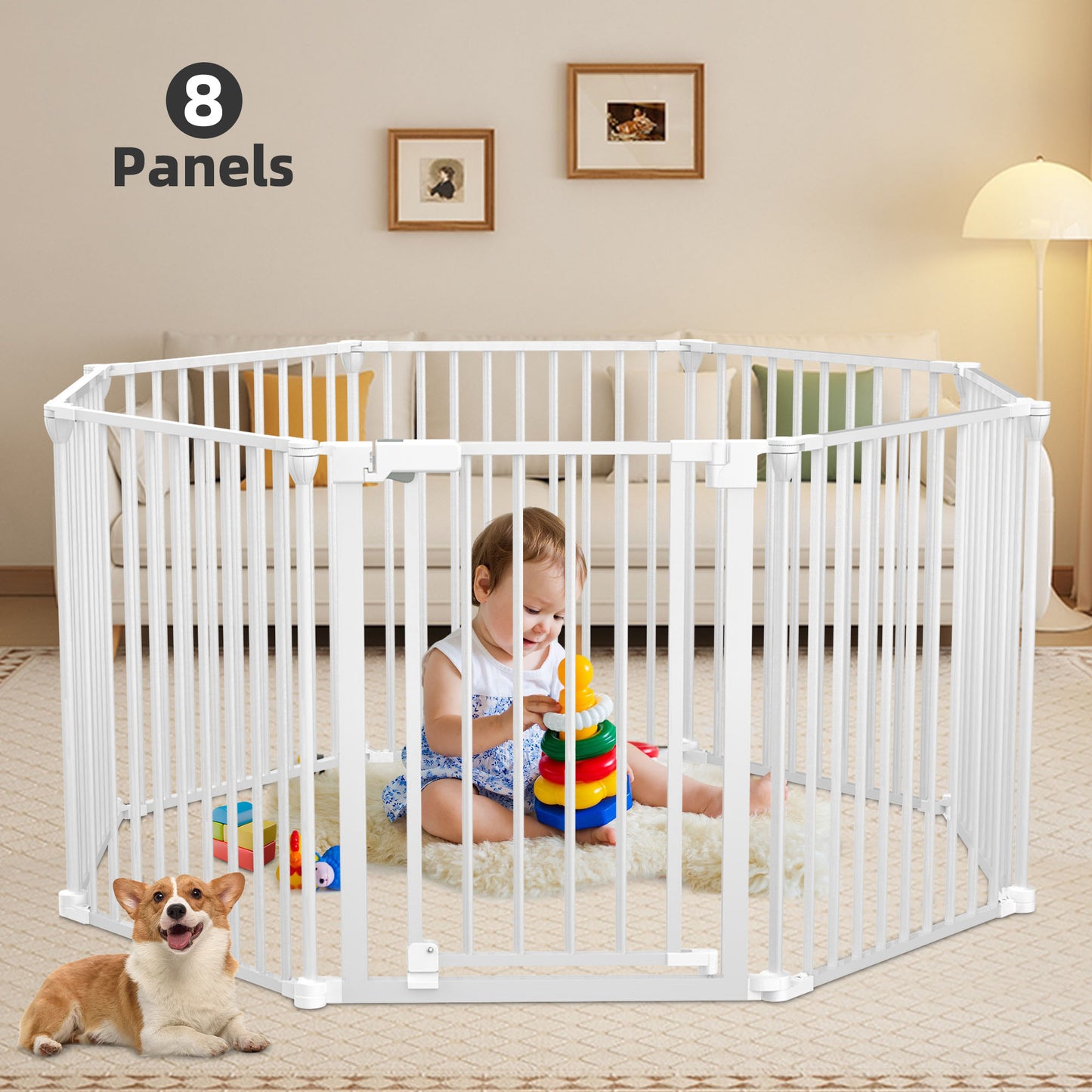 Wisairt 8 Panels Extra Wide Baby Gate,196.6 Inch Adjustable Baby Safety Gate Play Yard with Auto Close for Aged 6+ Months