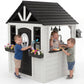 Wooden Kids Outdoor Playhouse with Play Kitchen, Working Doorbell & Bird Cage
