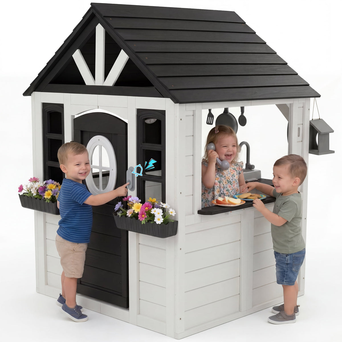 Wooden Kids Outdoor Playhouse with Play Kitchen, Working Doorbell & Bird Cage