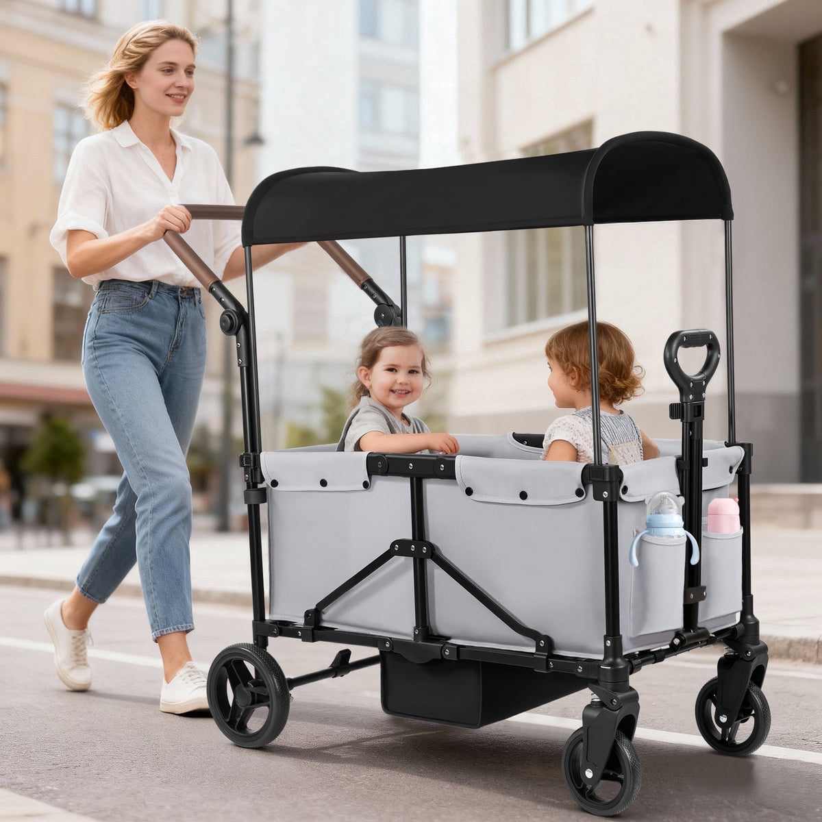 2-Seater Wagon Stroller for Kids, Foldable Baby Stroller Wagon with Canopy, Push & Pull Handles, All-Terrain Wheels