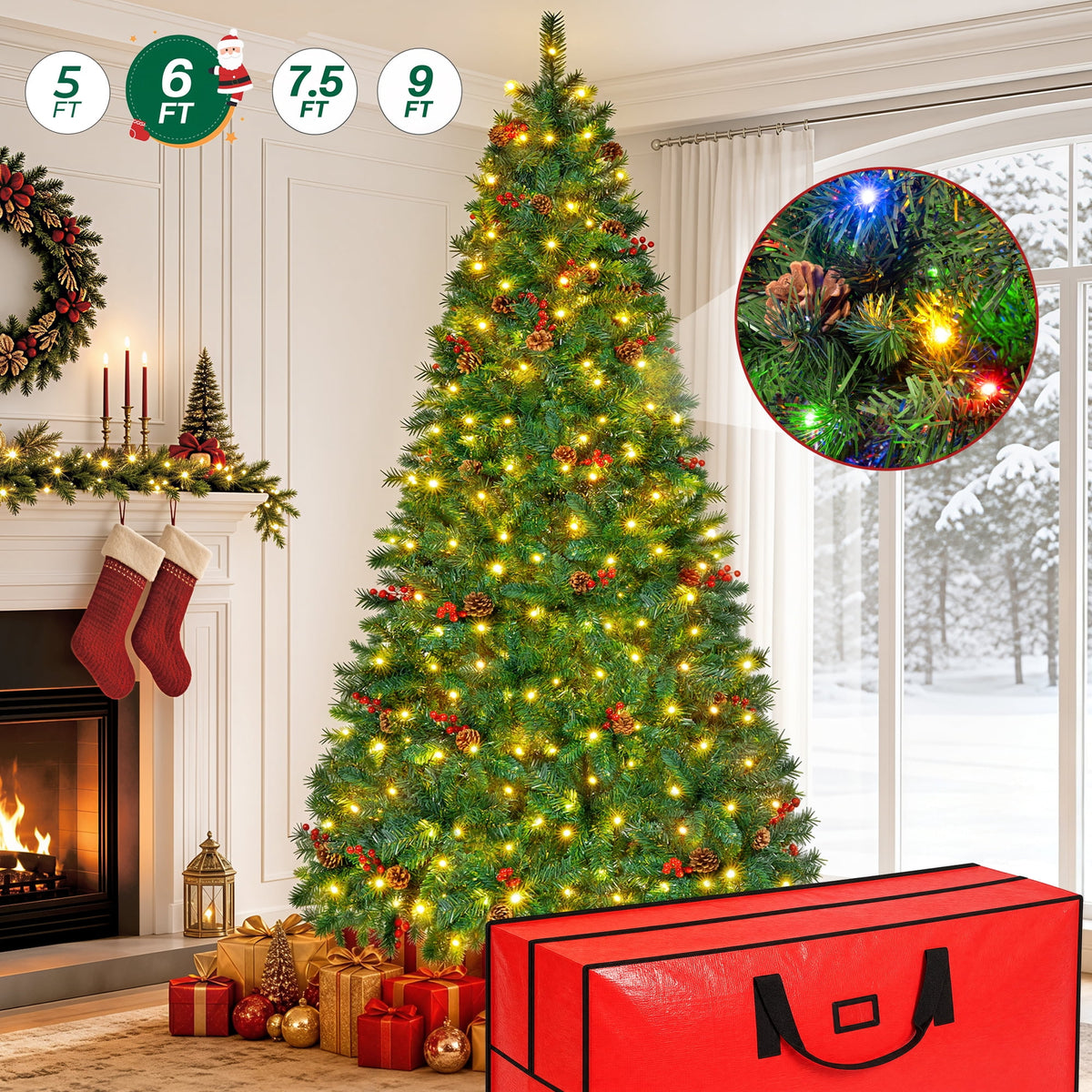 6FT Pre-Lit Artificial Christmas Tree, 825 Tips Full Green Pine with 250 LED 11 Modes