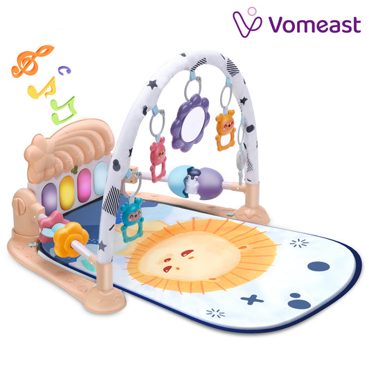 Vomeast Baby Gym Play Mat with Security Guardrail and Sensory Toys, Kick and Piano Gym for Newborn Babies 0-36 Months, Apricot Gray