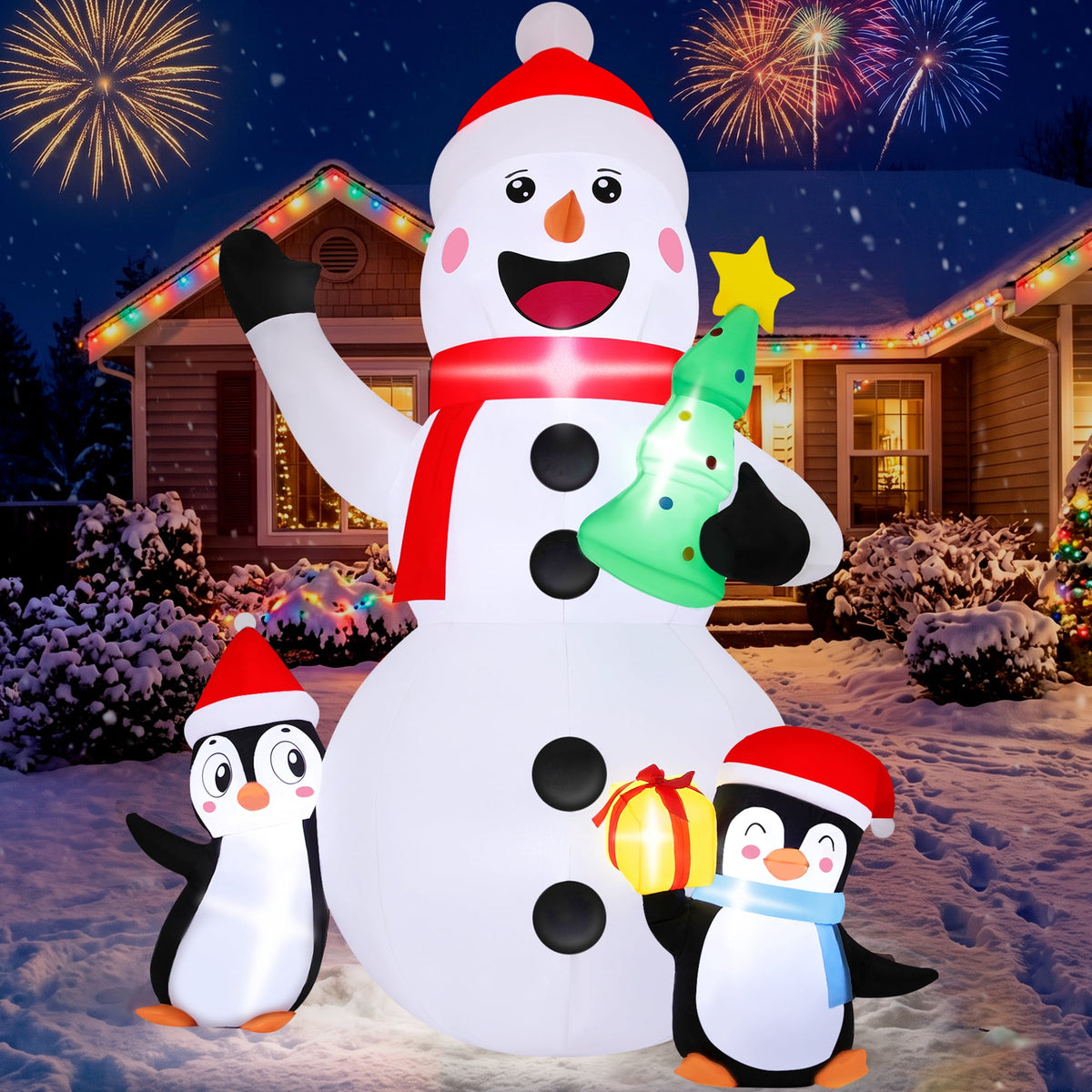 6FT Christmas Inflatable Snowman and Penguin Outdoor Yard Decoration with Built-in LED lihgts,10s Fast Blow-up